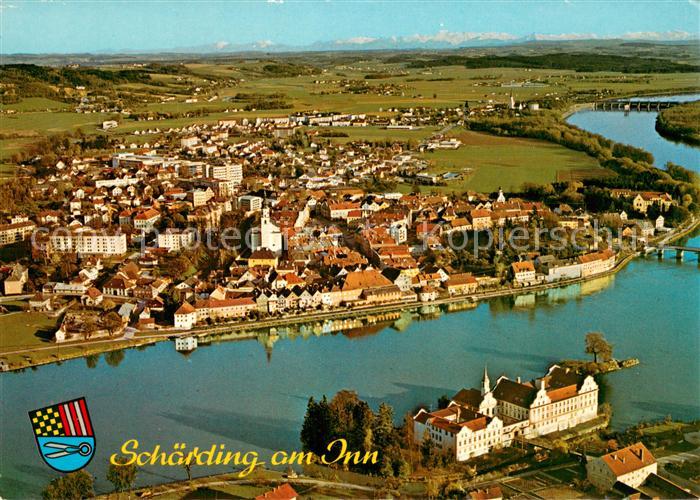 Schaerding Inn Fliegeraufnahme mit Hoellengebirge und Kloster Neuhaus