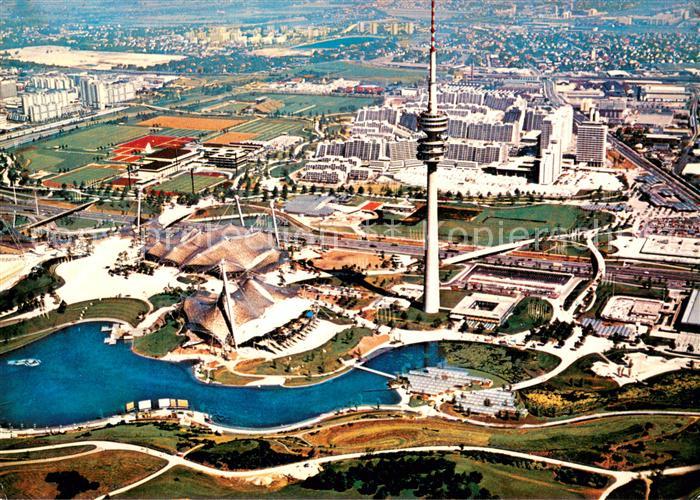 Muenchen Bayern Olympia Gelaende mit Olympiaturm und Olympiadorf Fliegeraufnahme
