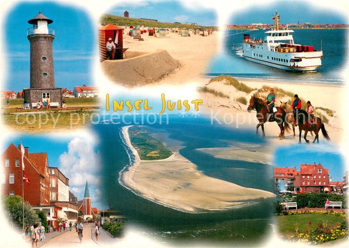 Juist Nordseebad Leuchtturm Strand Dampfer Ortsmotiv mit Kirche Reiten am Strand