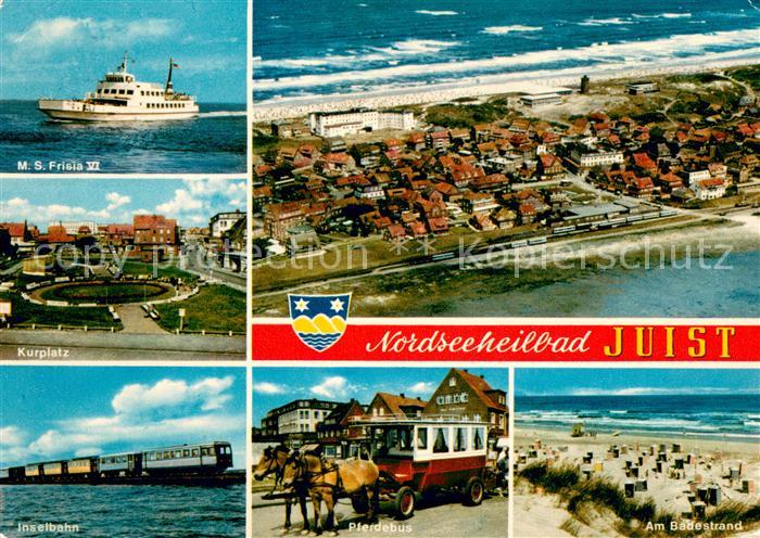 Juist Nordseebad Faehrschiff MS Frisia VI Kurplatz Inselbahn Pferdebus Strand Fl