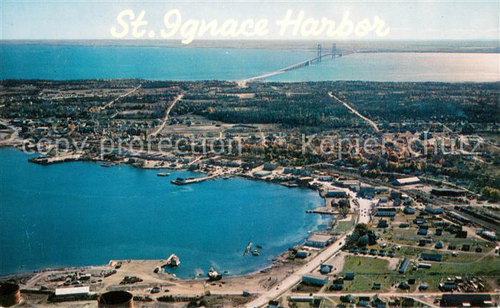 St Ignace The Harbor and Mackinac Bridge Aerial view