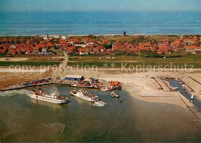 Juist Nordseebad Hafen mit Faehren Frisia II und Frisia VI Fliegeraufnahme