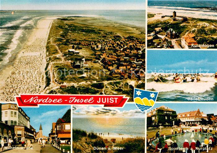 Insel Juist Fliegeraufnahme Kuranlagen Badestrand Wilhelmstr Duenen und Meer Spi