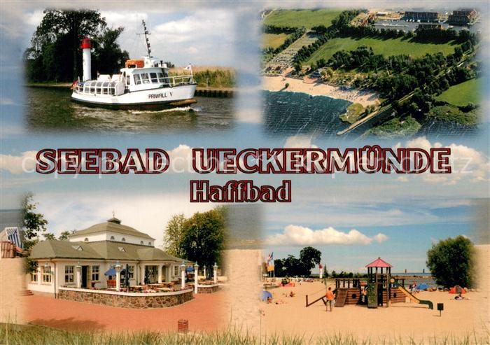ueckermuende Haffbad Luftbild Leuchtturm Fahrgastschiff Strandhalle Strand