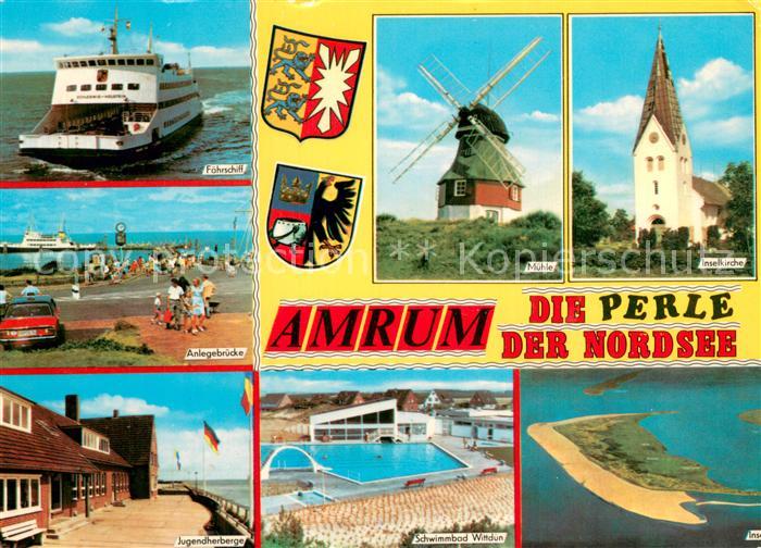 Amrum Inselkirche Muehle Faehrschiff Anlegebruecke Jugendherberge Schwimmbad