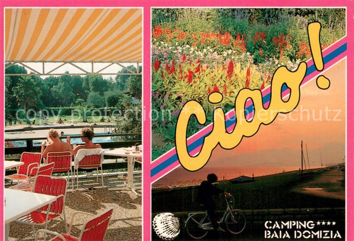 Baia Domizia Campingplatz Cafe Terrasse Swimming Pool Strand Sonnenuntergang