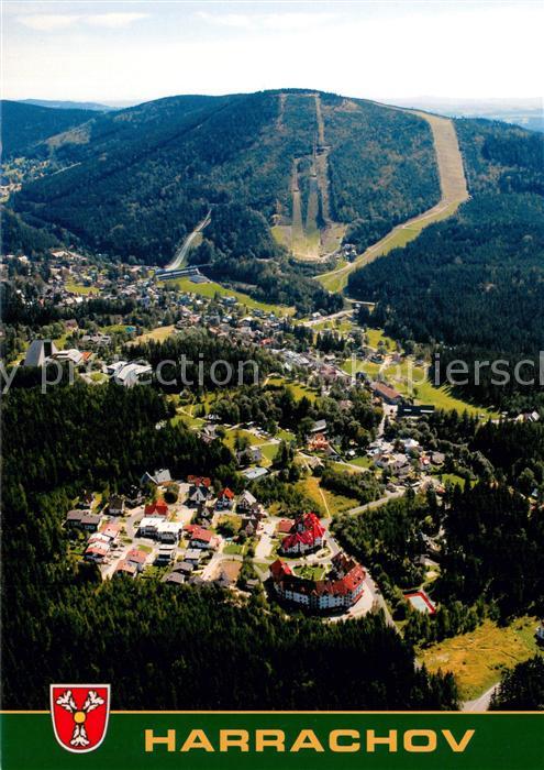 Harrachov Harrachsdorf Letecky pohled na centrum mesta s Certavou horou Fliegera