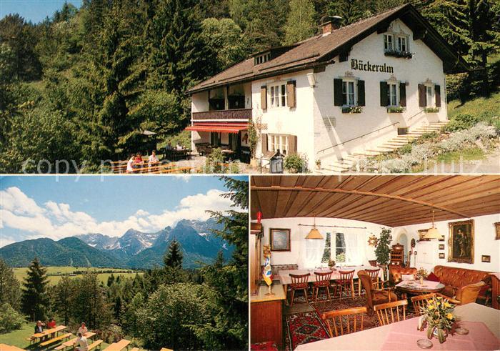 Mittenwald Bayern Baeckeralm Gartenterrasse Gastraeume