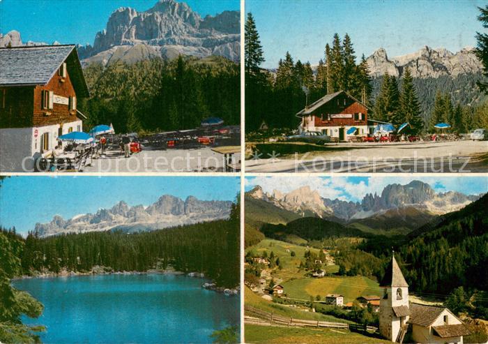 Karerpass Suedtirol Restaurant Nigerhuette Panorama Kirche Karersee