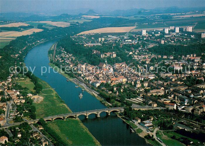 Pirna Elbe Fliegeraufnahme mit Copitzer Bruecke und Pirnaer Altstadt mit dem Son