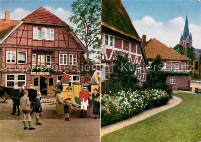 Hanstedt Nordheide Gaststaette zum Dorfkrug Postkutsche Blick zur Kirche