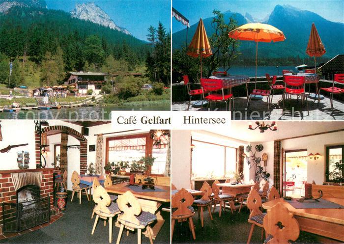 Hintersee Berchtesgaden Cafe Pension Gelfart am See Gastraum Kamin Terrasse Alpe