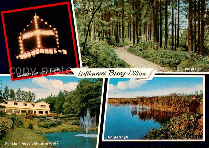 Burg Dithmarschen Aussichtsturm bei Nacht Lehrpfad im Wald Pension Cafe Anglerid