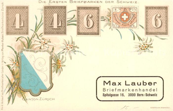 Briefmarken auf Postkarte Erste Briefmarken der Schweiz