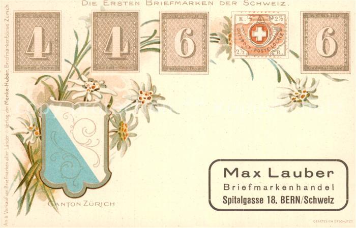 Briefmarken auf Postkarte erste Briefmarken Schweiz