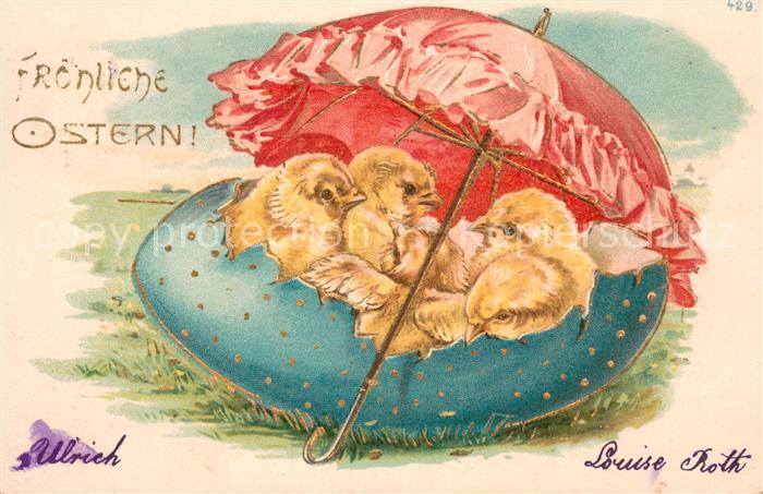 Ostern Easter Paques Litho  Kuecken unter Sonnenschirm