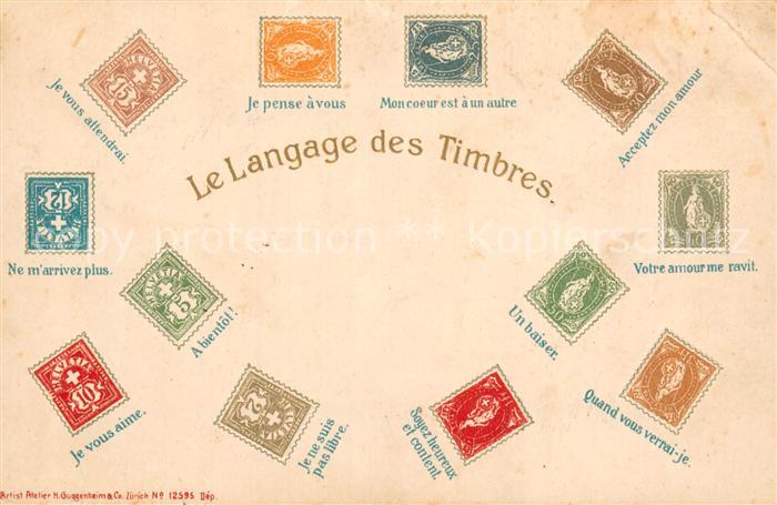 Briefmarken auf Postkarte Langage des Timbres