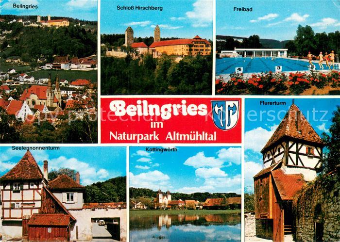 Beilngries Ortsansicht mit Kirche Schloss Hirschberg Freibad Flurerturm Seelenno