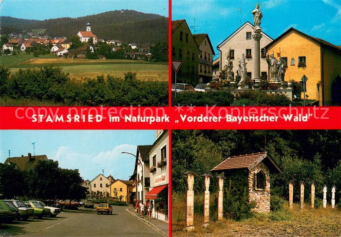 Stamsried Ortsansicht mit Kirche Brunnen Naturpark Vorderer Bayerischer Wald