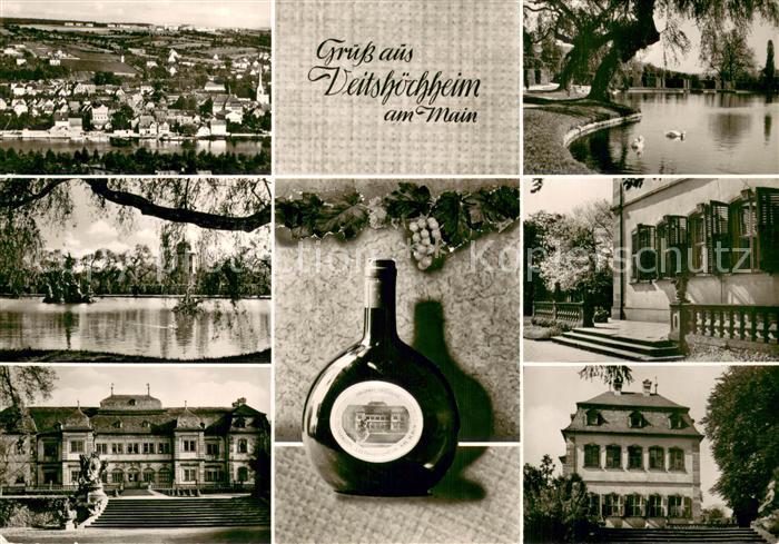 Veitshoechheim Stadtpanorama Teich Schloss Weinflasche Trauben