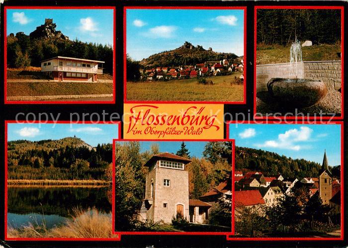 Flossenbuerg Panorama Burgruine Brunnen Ortsmotiv mit Kirche Turm Weiher