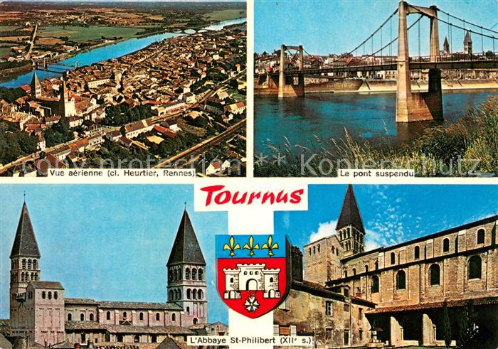 Tournus 71 Fliegeraufnahme Heutier Rennes Le pont suspendu et L Abbaye St-Philib