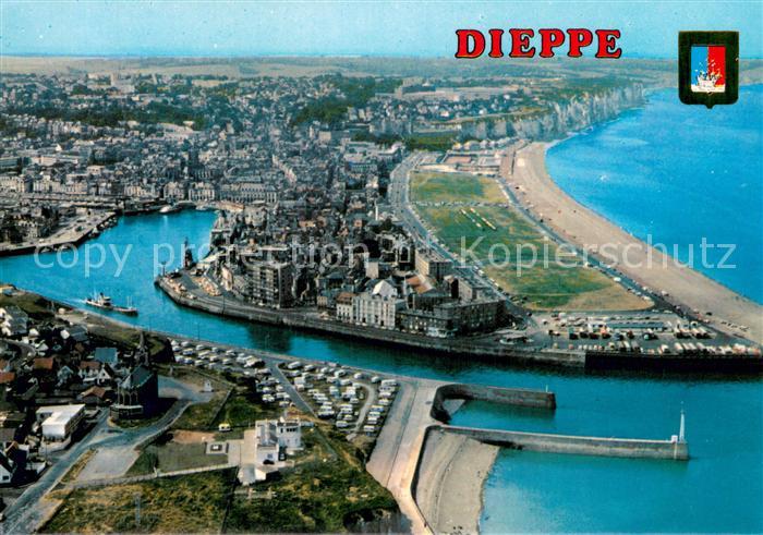 Dieppedalle les Rouen Fliegeraufnahme GEsamtansicht m. Hafen Strand u. Steilkues