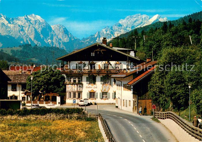 Wallgau Hotel Gasthof Post mit Wettersteinwand und Hochblassen