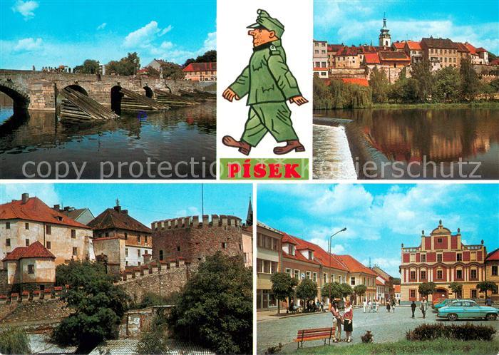 Pisek CZ Kamenny most z 13 stoleti Celkovy pohled pres reku Otavu Mestske hradby