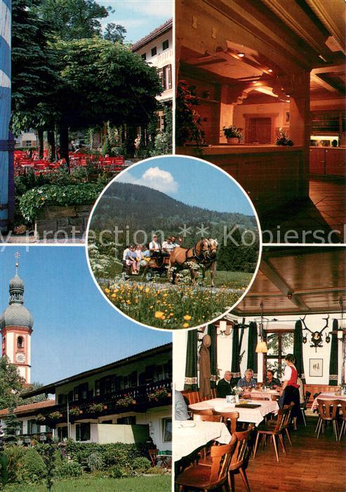 Elbach Miesbach Postgasthof Sonnenkaiser Gastraeume Gartenterrasse Pferdekutsche