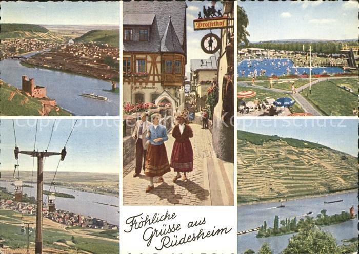 Ruedesheim Rhein Fliegeraufnahme Drosselgasse Schwimmbad Seilbahn