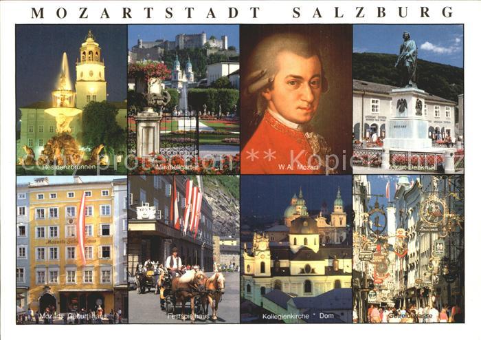 Salzburg Oesterreich Residenzbrunnen Mirabellgarten Mozartportrait Denkmal Gebur