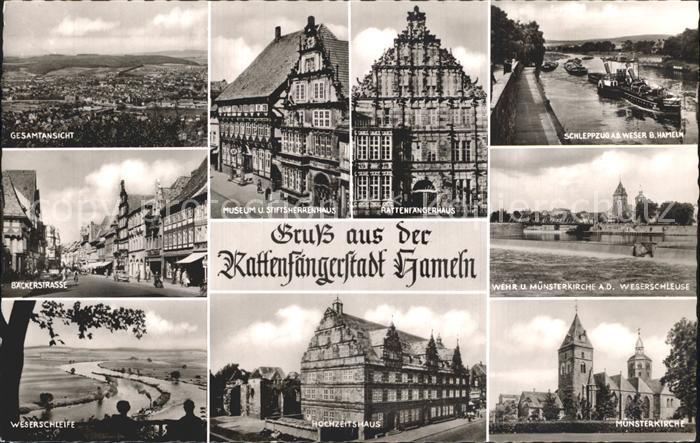 Hameln Weser Total Museum Stiftsherren und Rattenfaengerhaus Weser Schleppzug Ba