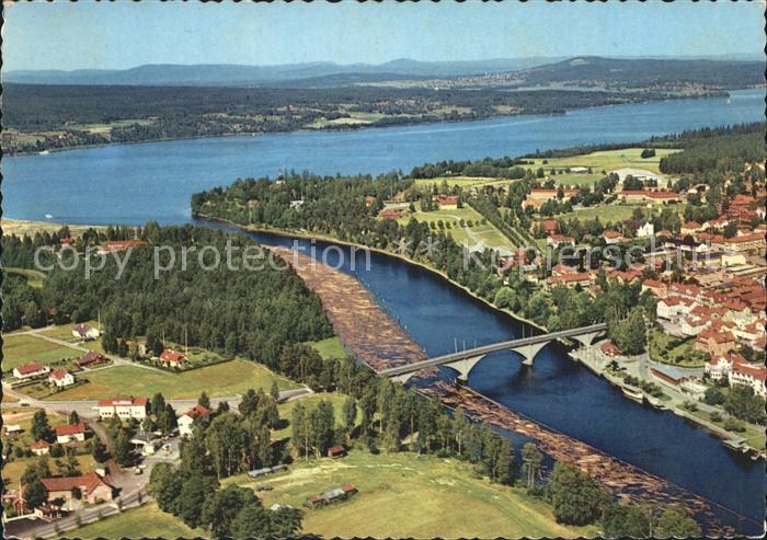 Dalarna Flygbild oever Leksands samhaelle oesterdalaelven och Siljan