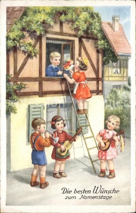 Namenstag Namenskarte Kinder Gitarre Mandoline Trompete Blumen Leiter Fesnter