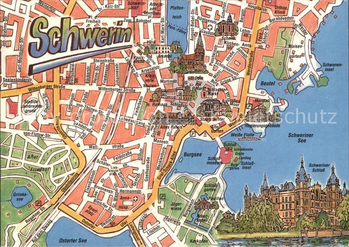 Schwerin Mecklenburg Ortskarte Beutel Schwanen-Insel Schweriner Schloss