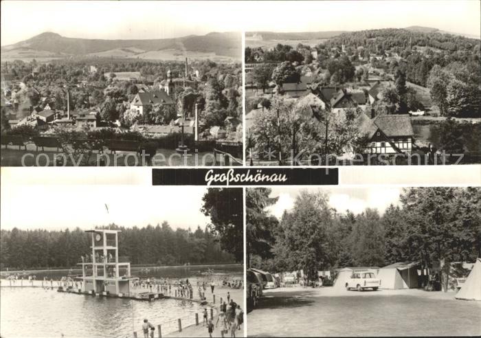 Grossschoenau Sachsen Blick vom Hutberg mit der Lausche Waldstrandbad Zeltplatz