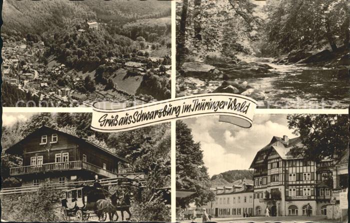 Schwarzburg Thueringer Wald Teilansichten Fluss Holzhaus Postkutsche Fachwerkhau