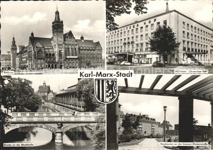 Karl-Marx-Stadt Rathaus HO Hotel Chemnitzer Hof Bruecke Markthalle Neubauten Inn