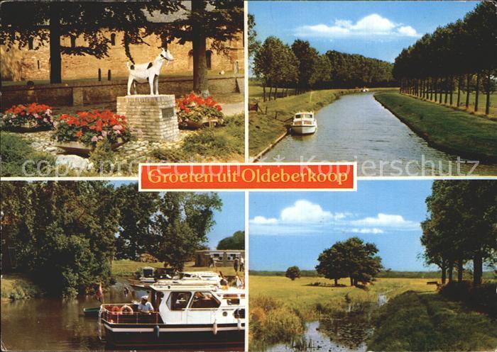 Oldeberkoop Denkmal Ziegenskulptur Kanal Motorboot Landschaft