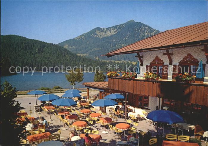 Spitzingsee Postgasthof St Bernhard Seeterrasse mit Brecherspitze Bayerische Alp