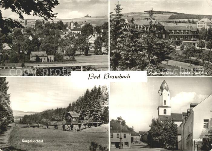 Bad Brambach Teilansicht Vogtlandhaus Joliot Curie Haus Markt Kirche Sorgebachta