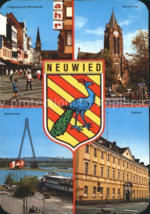 Neuwied Rhein Fussgaengerzone Marktkirche Rathaus Rheinbruecke Wappen