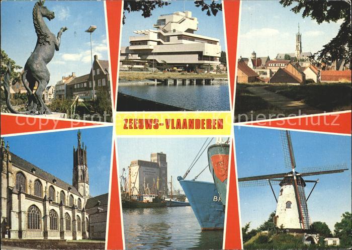 Zeeuws Vlaanderen Teilansichten Pferdeskulptur Kirche Hafen Windmuehle