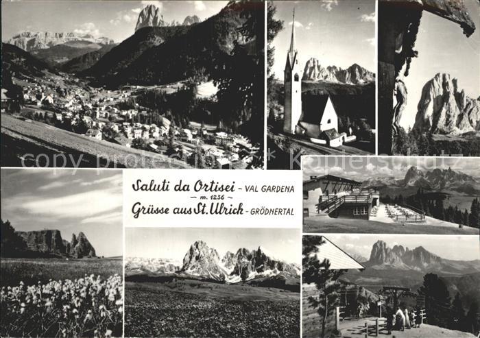 St Ulrich Groeden Tirol Gesamtansicht mit Alpenpanorama Kirche Bergrestaurant