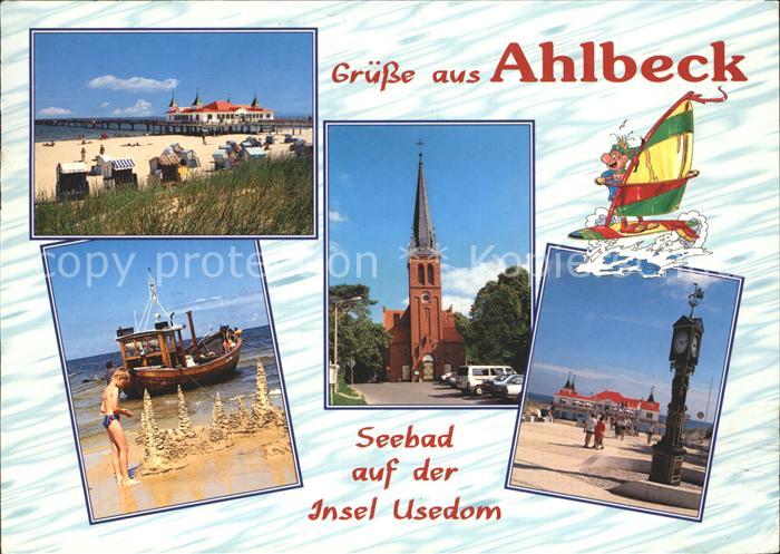 Ahlbeck Ostseebad Strand Seebruecke Kirche Standuhr Fischkutter