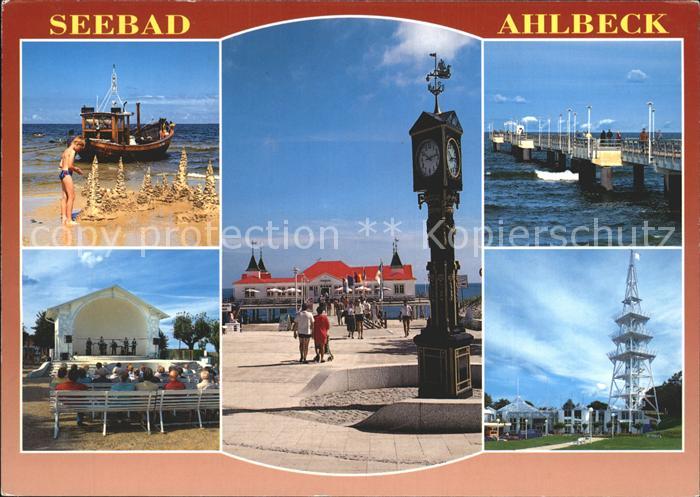 Ahlbeck Ostseebad Strand Fischerboot Konzertpavillon Standuhr Seebruecke Turm