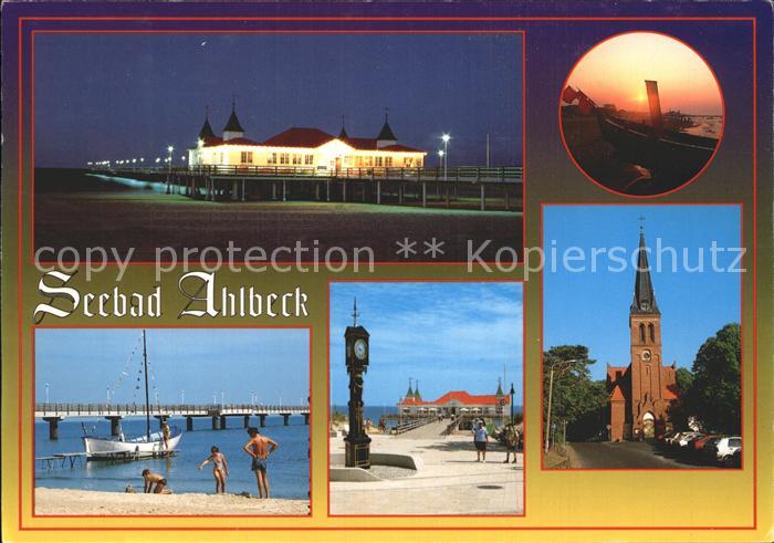 Ahlbeck Ostseebad Seebruecke Nachtaufnahme Sonnenuntergang Kirche Standuhr Stran