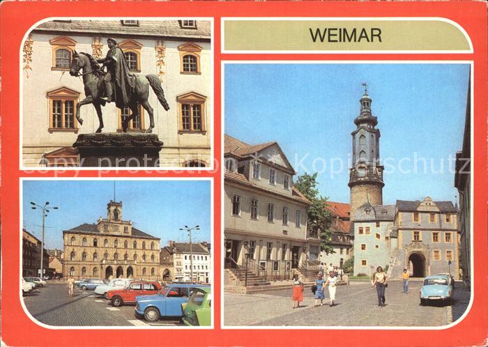 Weimar Thueringen Denkmal Carl Augusts Reiterstandbild Rathaus Schloss und Cafe