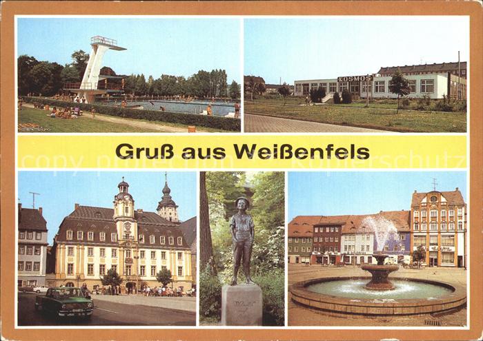 Weissenfels Saale Freibad Gaststaette Kosmos Rathaus Schusterjunge Statue Karl M